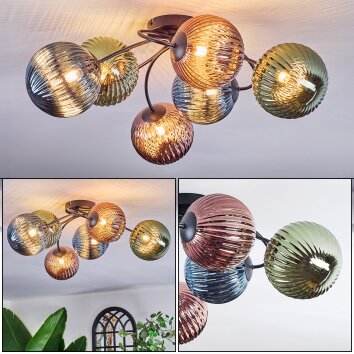 Chehalis ceiling light, globe light 56 cm blue, green, coppery, 6-light sources