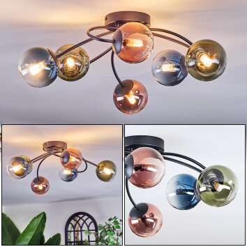 Chehalis ceiling light, globe light 56 cm blue, green, clear, coppery, 6-light sources