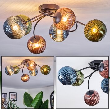 Chehalis ceiling light, globe light 58 cm blue, green, coppery, 6-light sources