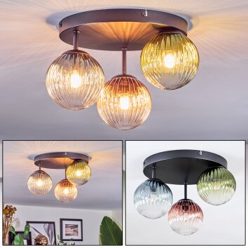 Chehalis ceiling light, globe light 30.5 cm blue, green, clear, coppery, 3-light sources