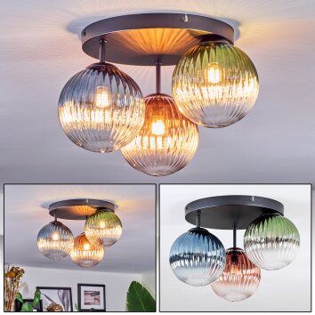 Chehalis ceiling light, globe light 33.5 cm blue, green, clear, coppery, 3-light sources