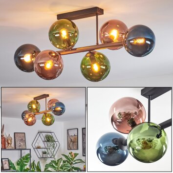 Gastor ceiling light, globe light blue, green, coppery, 6-light sources