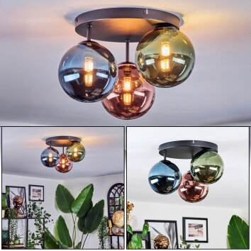Chehalis ceiling light, globe light 34 cm blue, green, coppery, 3-light sources