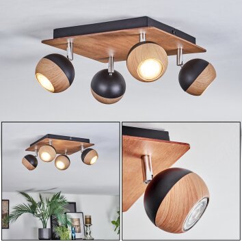 Haldor ceiling light, ceiling spotlight chrome, Wood like finish, black, 4-light sources