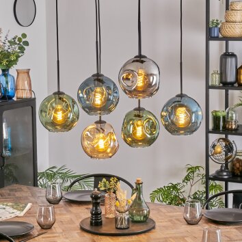 Ripoll hanging light, globe light, pendant light Amber, blue, chrome, green, Smoke-coloured, 6-light sources