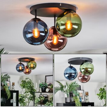 Gastor ceiling light, globe light blue, green, coppery, 3-light sources