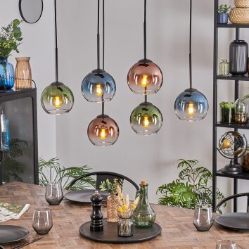 Koyoto hanging light, globe light, pendant light blue, green, clear, coppery, 6-light sources