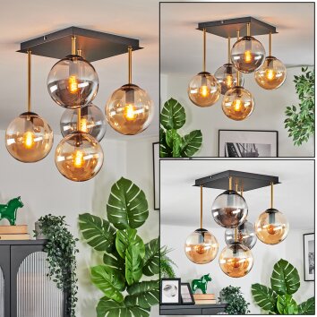 Gastor ceiling light, globe light gold, black, 5-light sources
