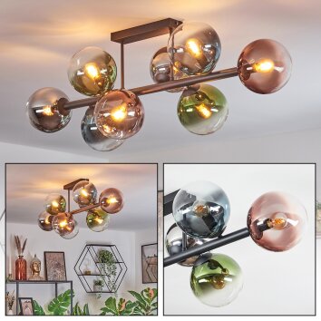 Gastor ceiling light, globe light blue, chrome, green, clear, coppery, Smoke-coloured, 8-light sources