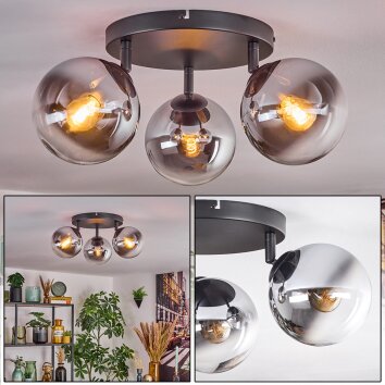 Gastor ceiling light, globe light chrome, clear, Smoke-coloured, 3-light sources