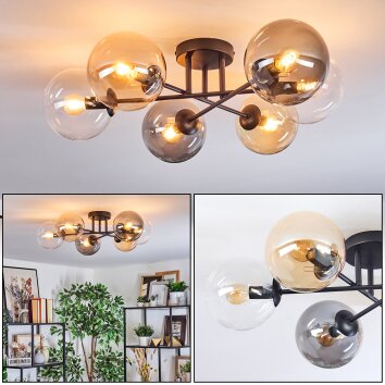 Gastor ceiling light, globe light 62 cm Amber, clear, Smoke-coloured, 6-light sources