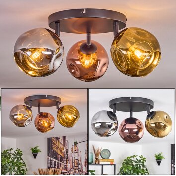 Ripoll ceiling light, globe light chrome, gold, coppery, Smoke-coloured, 3-light sources