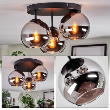 Koyoto ceiling light, globe light 30 cm chrome, Smoke-coloured, 3-light sources