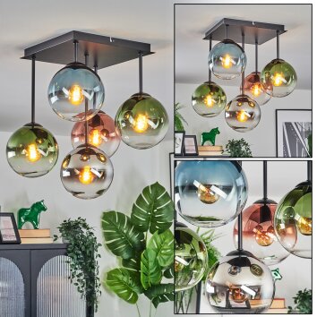 Gastor ceiling light, globe light blue, chrome, green, clear, coppery, Smoke-coloured, 5-light sources