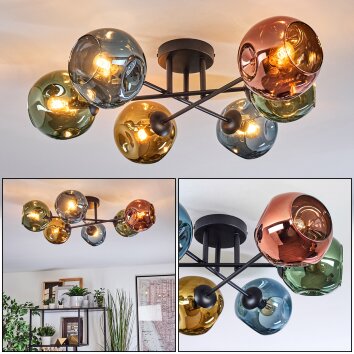 Ripoll ceiling light, globe light blue, gold, green, coppery, 6-light sources