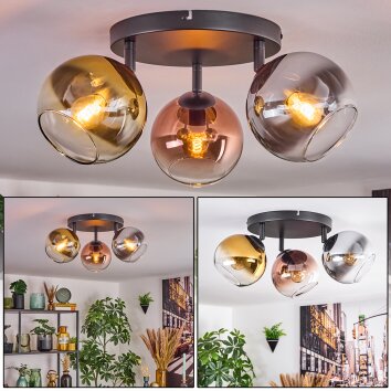Koyoto ceiling light, globe light chrome, clear, coppery, Smoke-coloured, 3-light sources