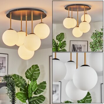 Gastor ceiling light, globe light brass, black, 5-light sources