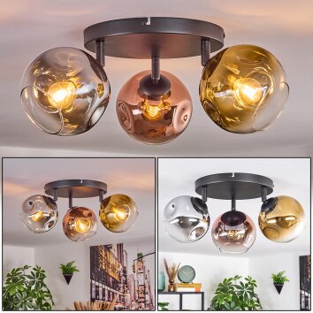 Ripoll ceiling light, globe light chrome, gold, clear, coppery, Smoke-coloured, 3-light sources