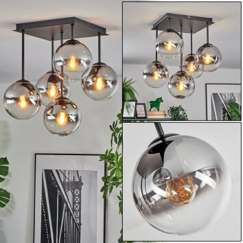 Gastor ceiling light, globe light clear, Smoke-coloured, 5-light sources