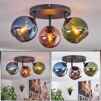Koyoto ceiling light, globe light blue, green, coppery, 3-light sources