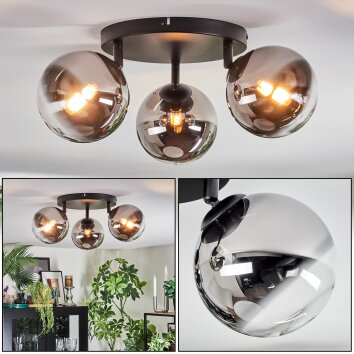 Chehalis ceiling light, globe light 49 cm chrome, clear, Smoke-coloured, 3-light sources