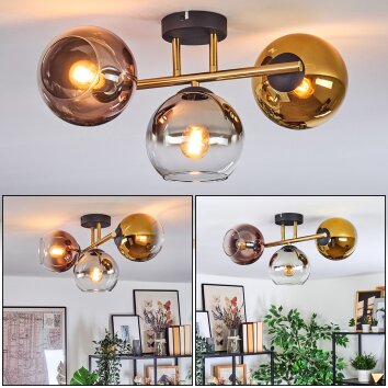 Koyoto ceiling light, globe light gold, black, 3-light sources