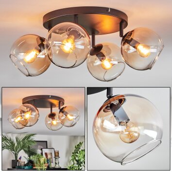 Koyoto ceiling light, globe light Amber, clear, 4-light sources