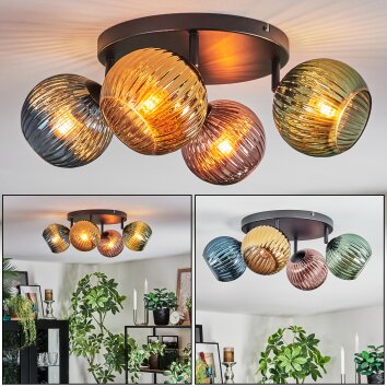 Koyoto ceiling light, globe light blue, gold, green, coppery, 4-light sources