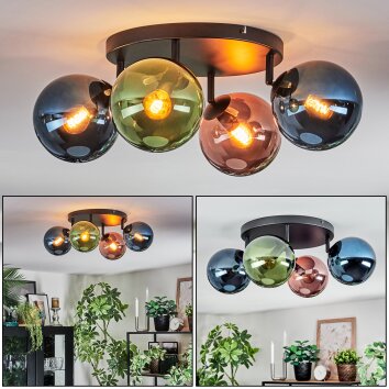 Gastor ceiling light, globe light blue, green, coppery, 4-light sources