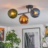Koyoto ceiling light, globe light blue, gold, green, 3-light sources