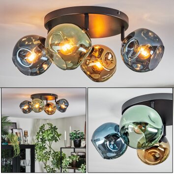 Ripoll ceiling light, globe light blue, gold, green, 4-light sources