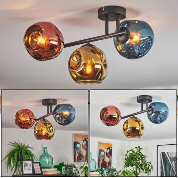 Ripoll ceiling light, globe light blue, gold, coppery, 3-light sources