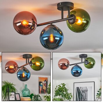 Gastor ceiling light, globe light blue, green, coppery, 3-light sources