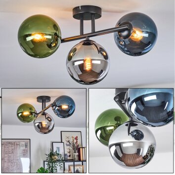 Gastor ceiling light, globe light blue, chrome, green, Smoke-coloured, 3-light sources