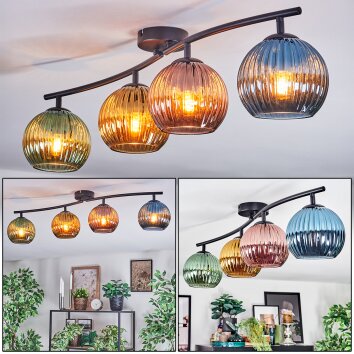 Koyoto ceiling light, globe light blue, gold, green, coppery, 4-light sources