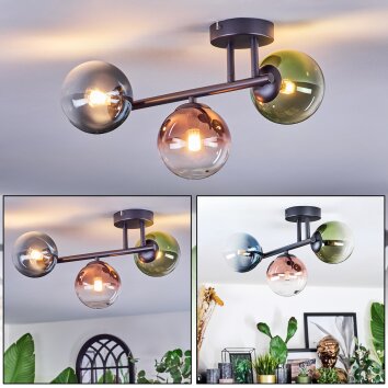 Chehalis ceiling light, globe light blue, green, clear, coppery, 3-light sources