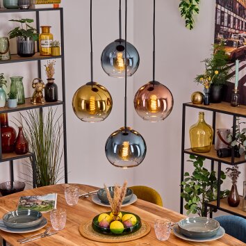 Koyoto hanging light, globe light, pendant light blue, gold, clear, coppery, 4-light sources
