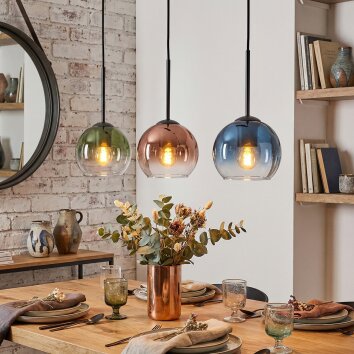 Koyoto hanging light, globe light, pendant light blue, green, clear, coppery, 3-light sources