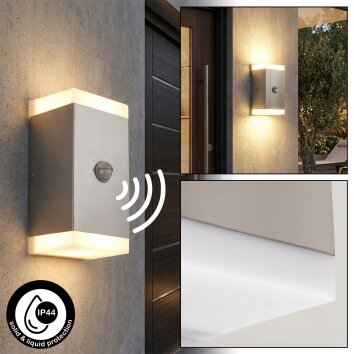 Remil outdoor wall light, Up & Down Light, wall light LED brushed steel, 2-light sources, Motion sensor