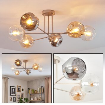Ripoll ceiling light, globe light sand-coloured, 6-light sources