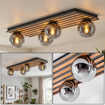 Rafon ceiling light, globe light Wood like finish, black, 4-light sources