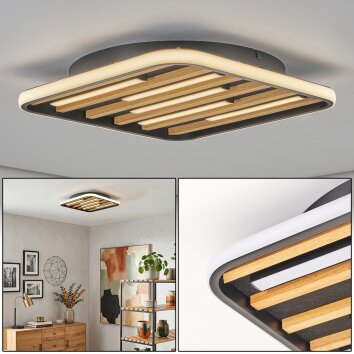 Velani LED ceiling light with wooden slat design, Scandinavian flat square panel