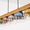 Koyoto wooden bar pendant light with 5 tinted globe glass shades, length 95 cm