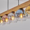 Koyoto wooden bar pendant light with 5 tinted globe glass shades, length 95 cm