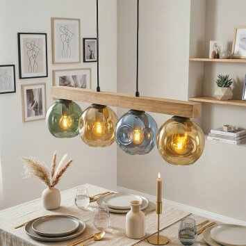 Ripoll wooden beam pendant light, 4-light dining table lamp with colored glass globes