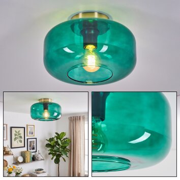 Boza glass ceiling light with teal glass shade, retro flush mount Ø 28 cm