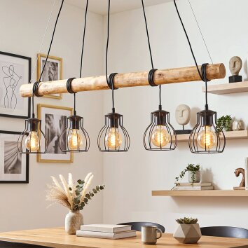 Gondo wood rod pendant light, 5-light E27 hanging lamp, length 100 cm