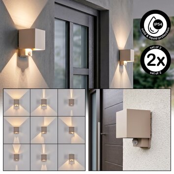 LED Up & Down Light Tamarin, set of 2, motion sensor, 3000 Kelvin warm white, sand IP54