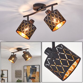 Retro ceiling spotlight Alsen with gold and black shades, diagonal cutouts, rotating heads