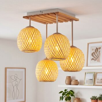 Basto 4-light boho rattan ceiling light with woven globe shades and wood slat canopy